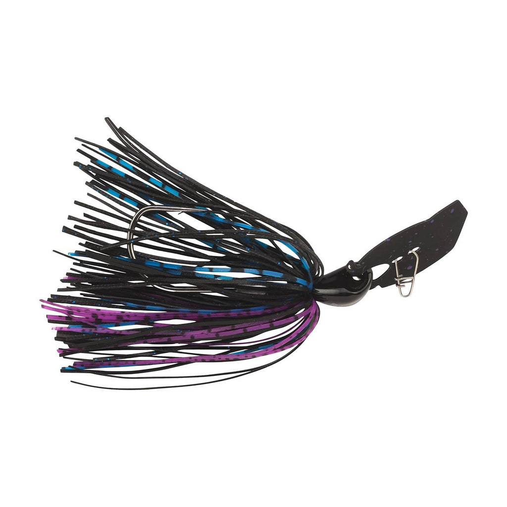 Black bladed fishing jig with blue and purple skirt and visible hook