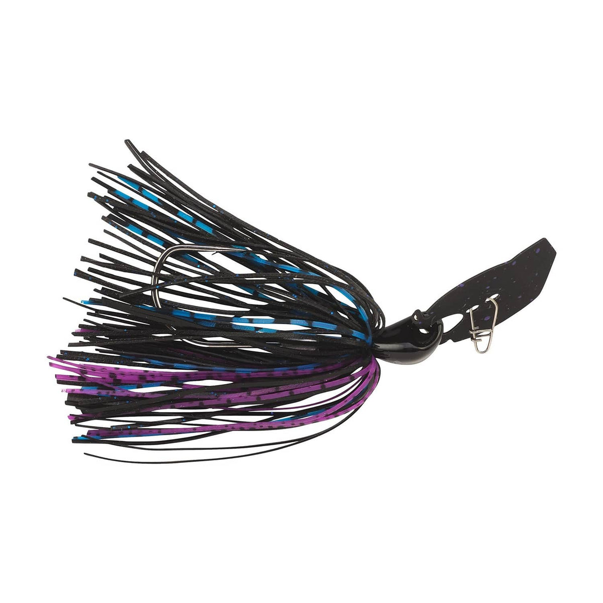 Black bladed fishing jig with blue and purple skirt and visible hook