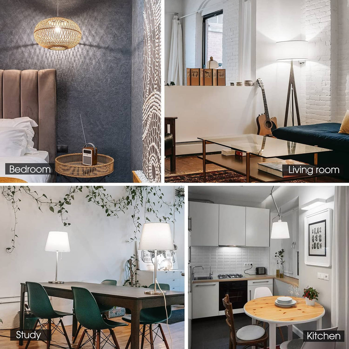 Indoor home scenes with pendant and table lamps in bedroom, living room, study, kitchen