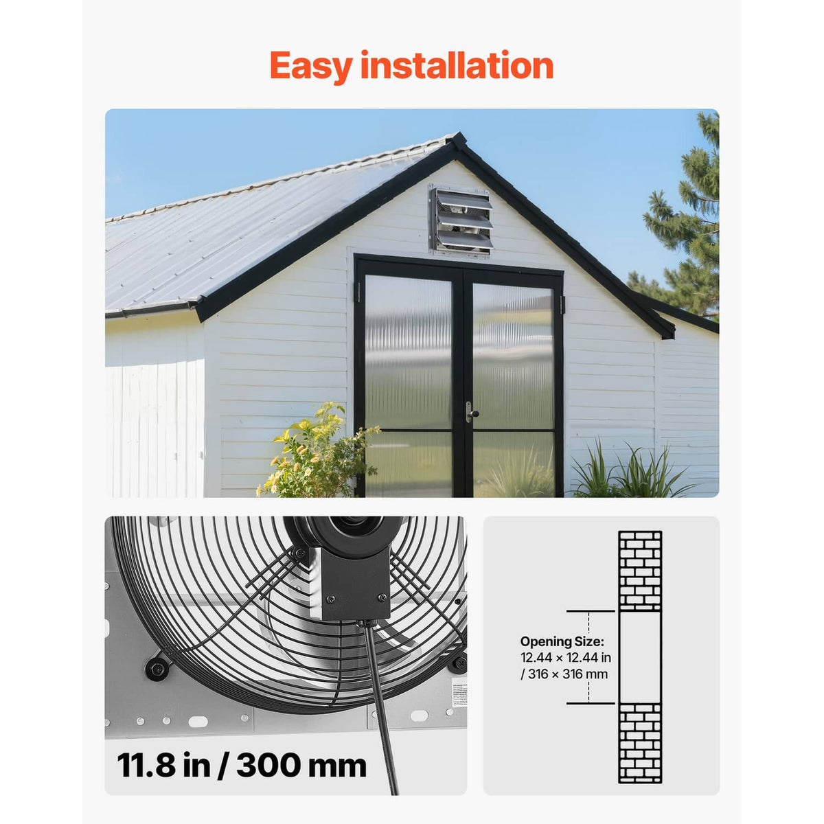 Wall-mounted exhaust fan installed on exterior siding, silver louvered vent