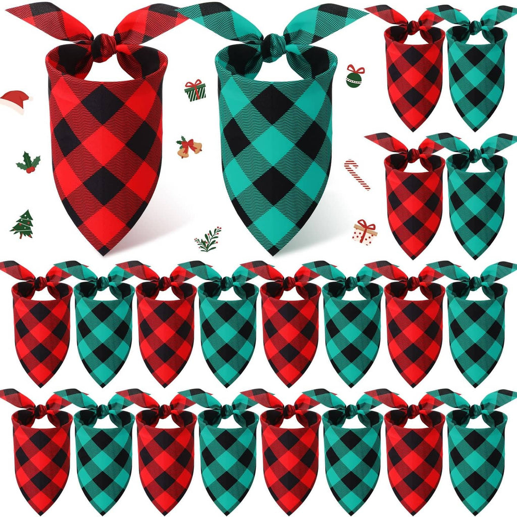 Plaid dog bandana set in red and green with black diamond pattern and bow ties