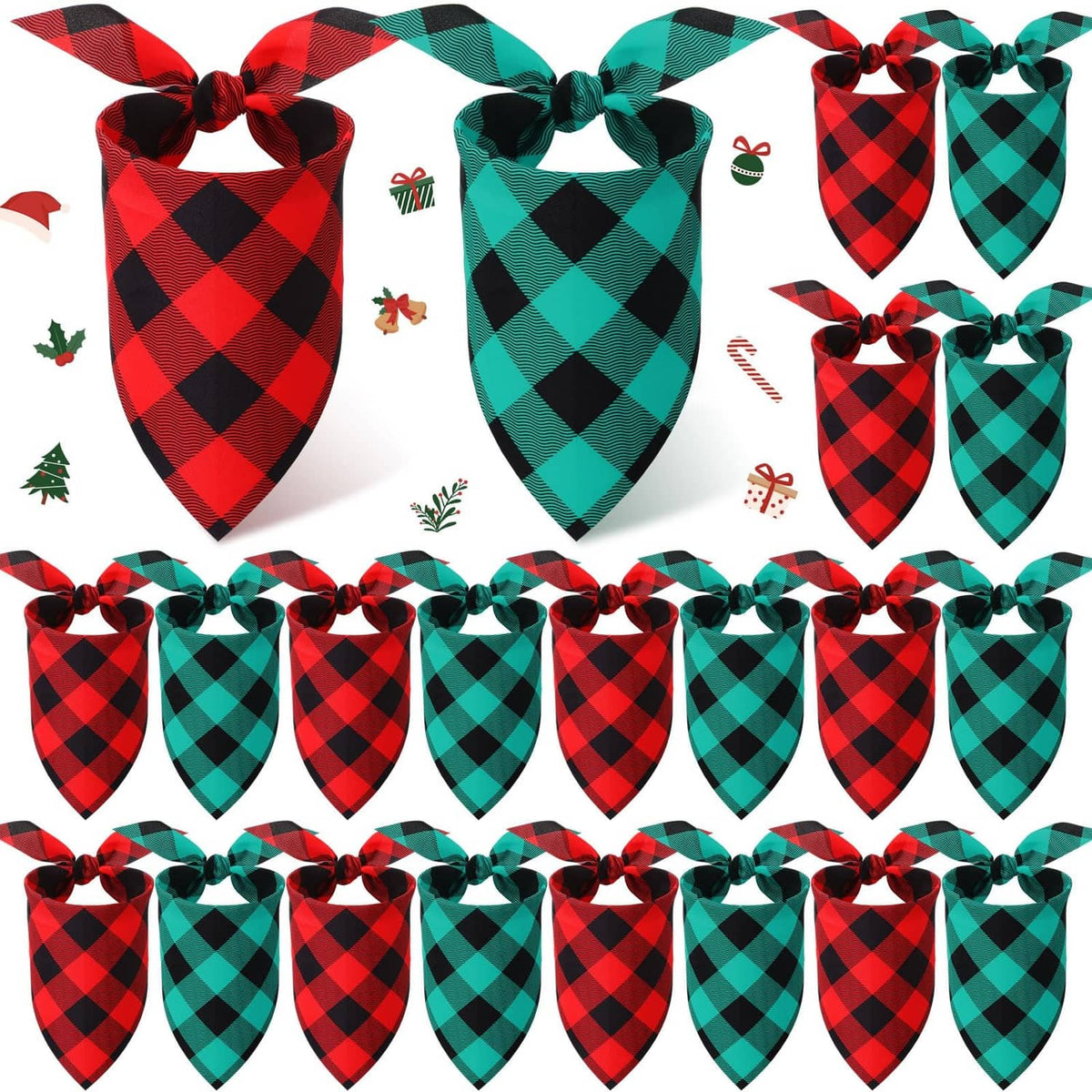 Plaid dog bandana set in red and green with black diamond pattern and bow ties