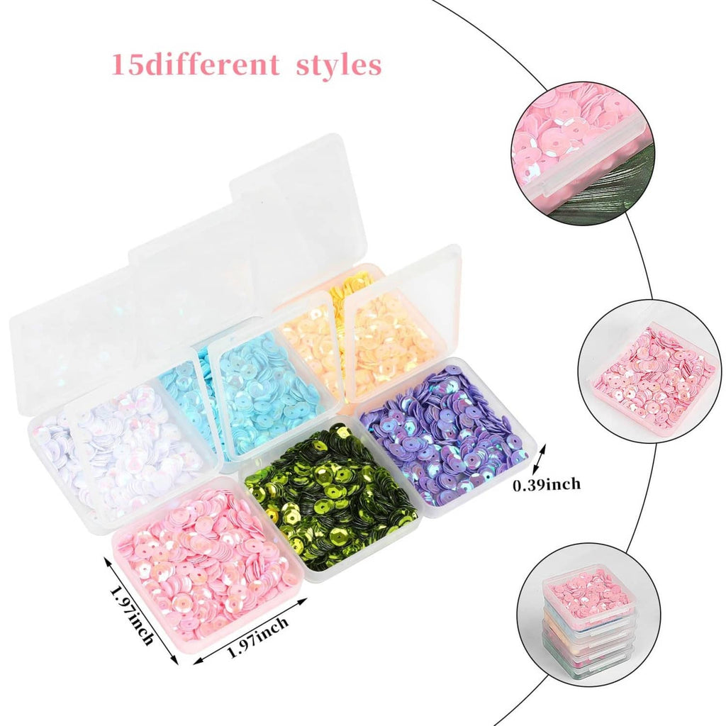 15-color set of iridescent round cup sequins in compartments with size markers