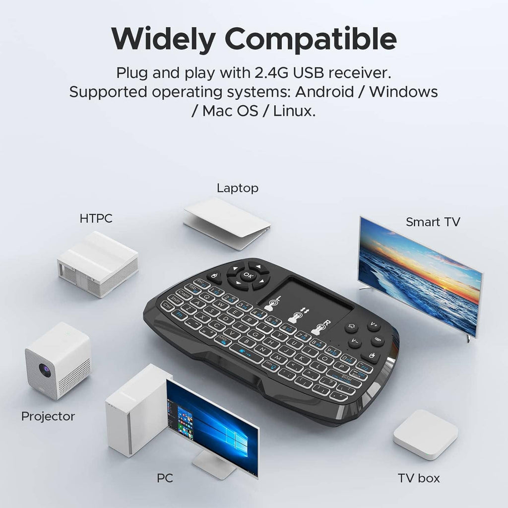 Black mini keyboard with touchpad, showing compatibility with 2.4G USB receiver