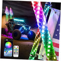 RGB LED whip lights with clamp, two glowing strips, and remote control shown