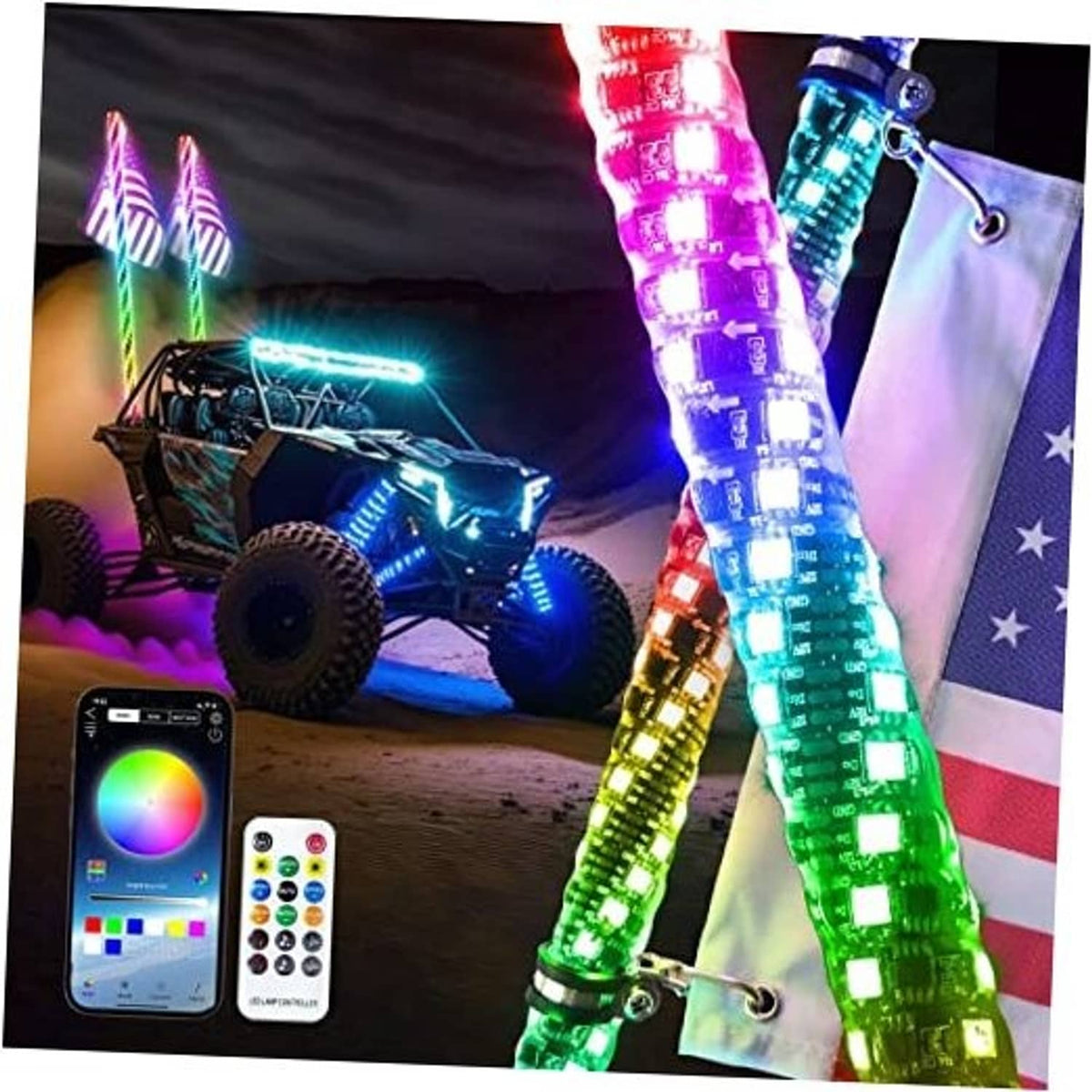 RGB LED whip lights with clamp, two glowing strips, and remote control shown