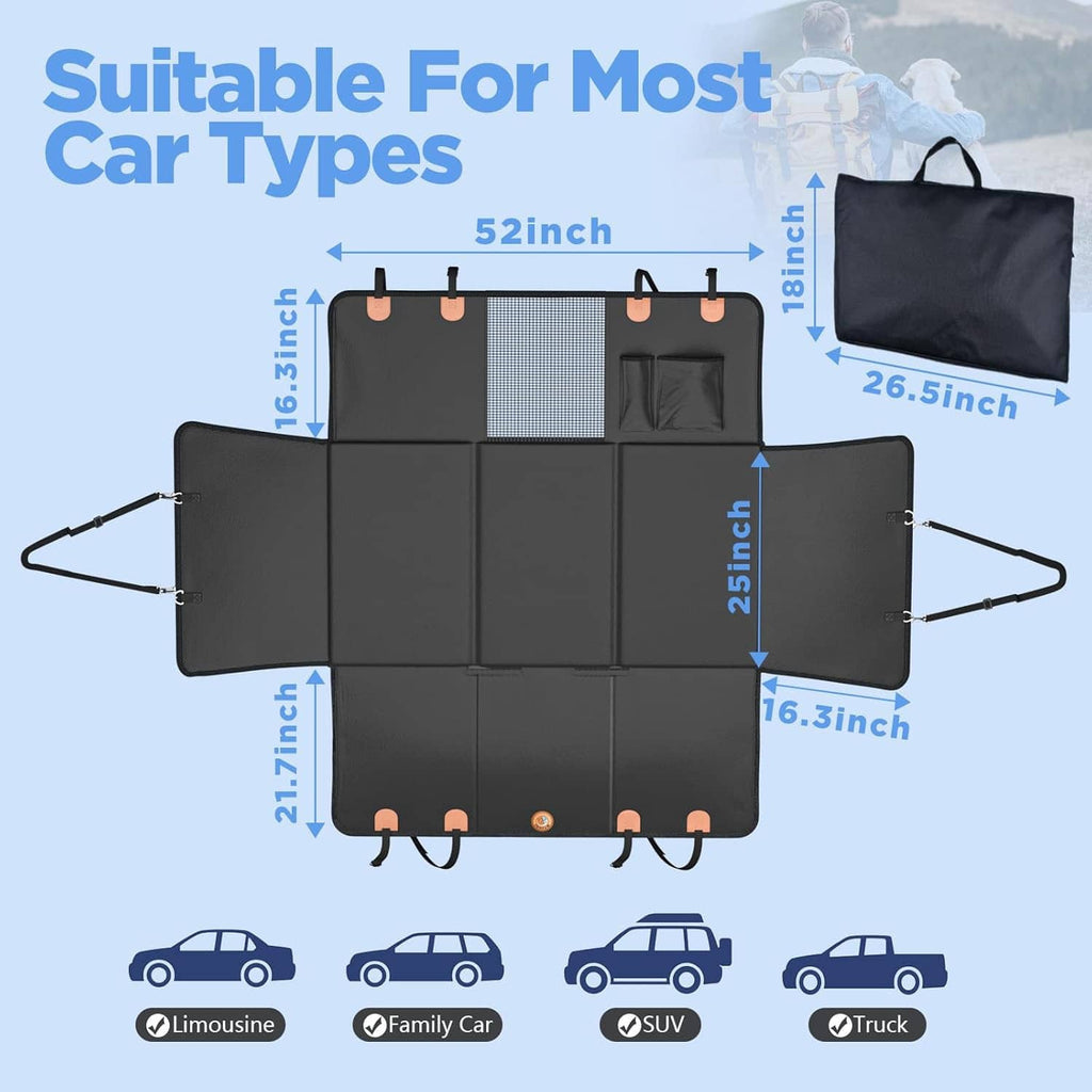 Waterproof back seat dog extender cover, folded black design with hanging hooks and buckles