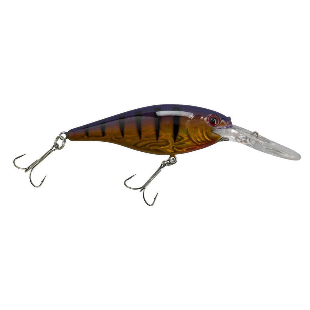 Purple and gold crankbait lure with clear lip and three treble hooks