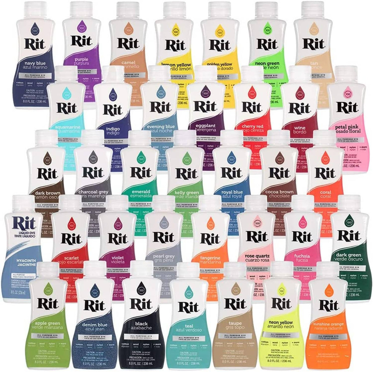 Assorted all-purpose liquid fabric dye bottles with white caps, various color labels