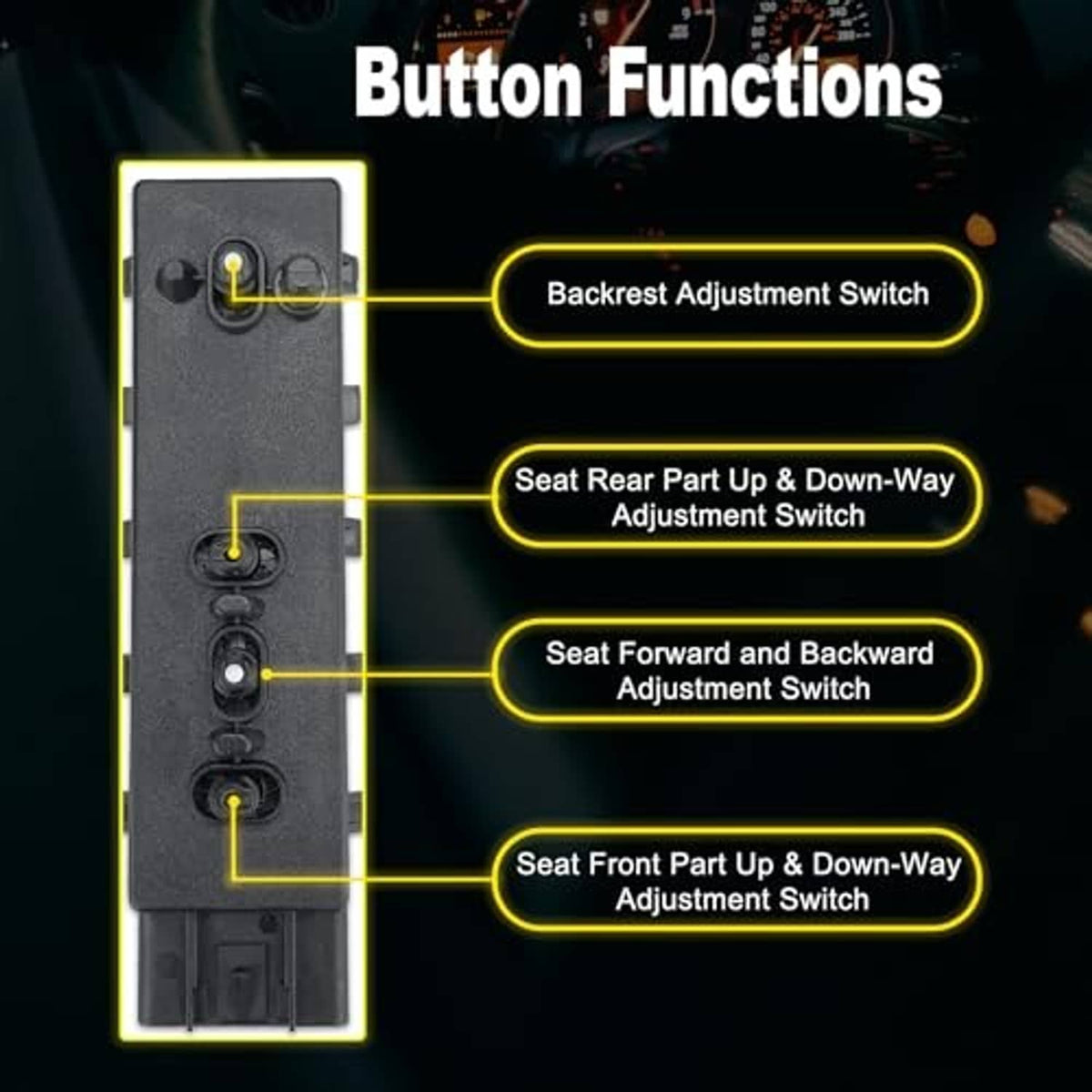 Power seat switch panel with stacked adjustment buttons and side mounting tabs