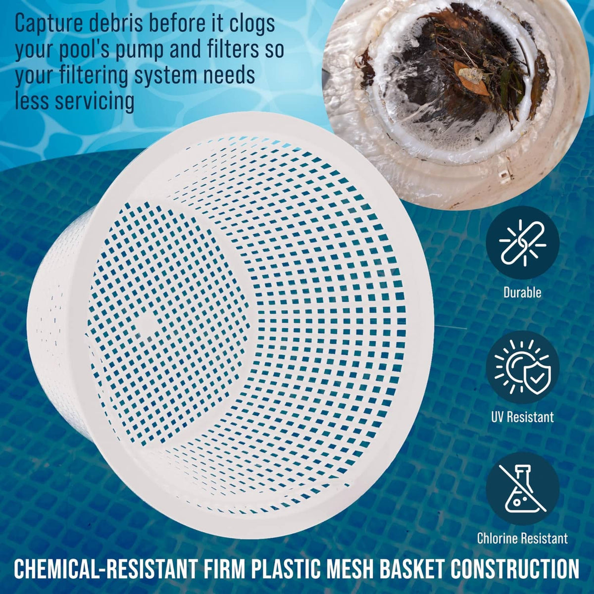 Off-white firm plastic mesh skimmer basket with durable, wide open rim