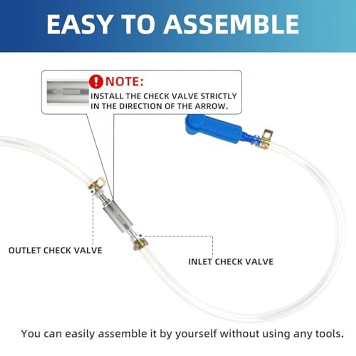 Brake bleeder hose kit showing inlet and outlet check valves with blue connector