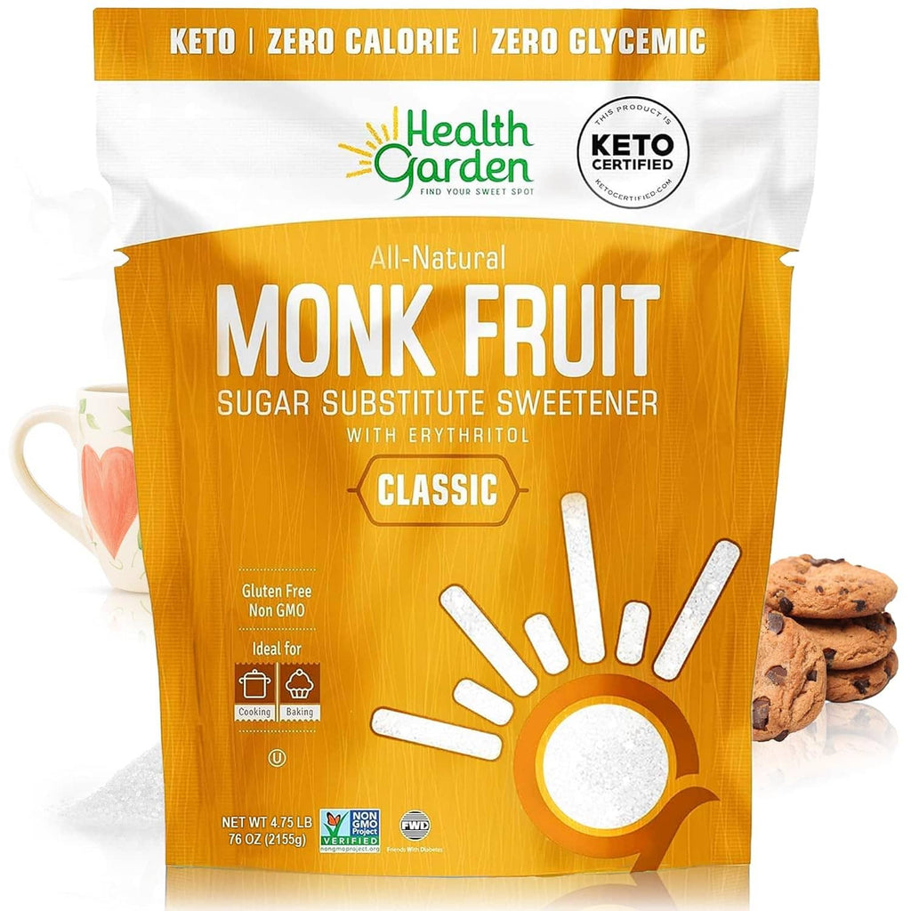 Health Garden classic monk fruit sweetener bag for keto, zero calorie, 76 oz.