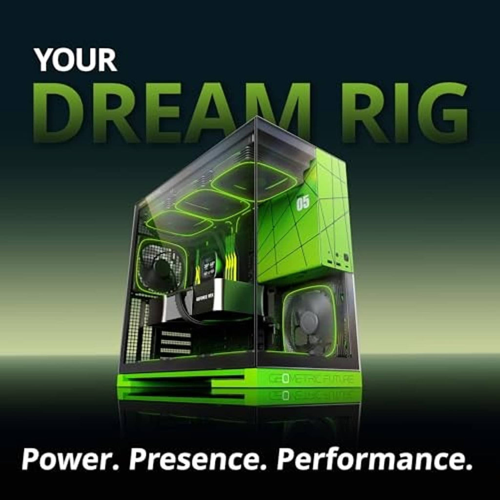 Tempered glass PC mid tower with two green-lit fans and mesh front window