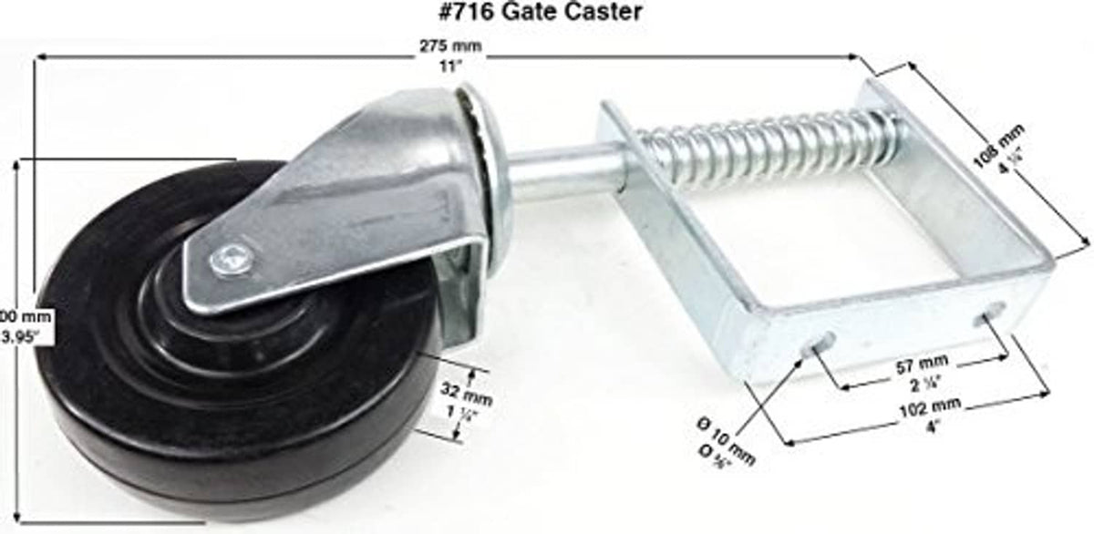 4-inch spring gate caster with black wheel and galvanized steel frame