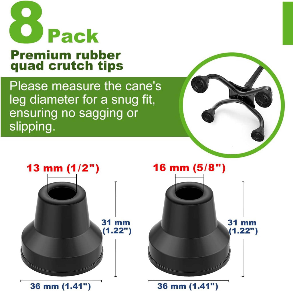Pack of 8 black quad cane rubber tips with 13 mm and 16 mm fit sizes