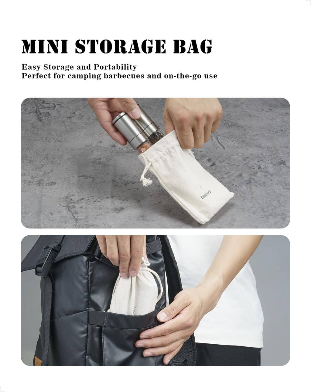Mini storage bag with compact stainless steel salt and pepper grinder for travel use