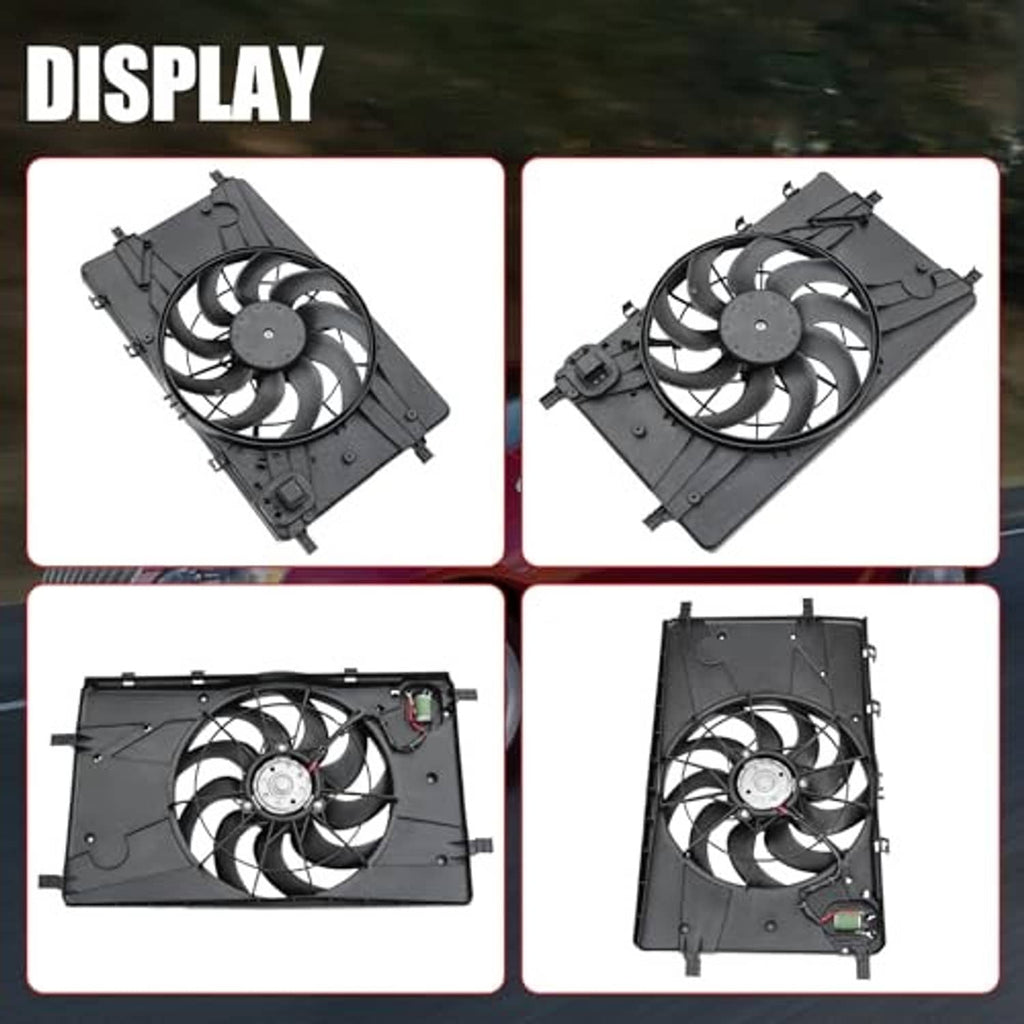 Engine radiator cooling fan assembly shown from multiple angles with black shroud