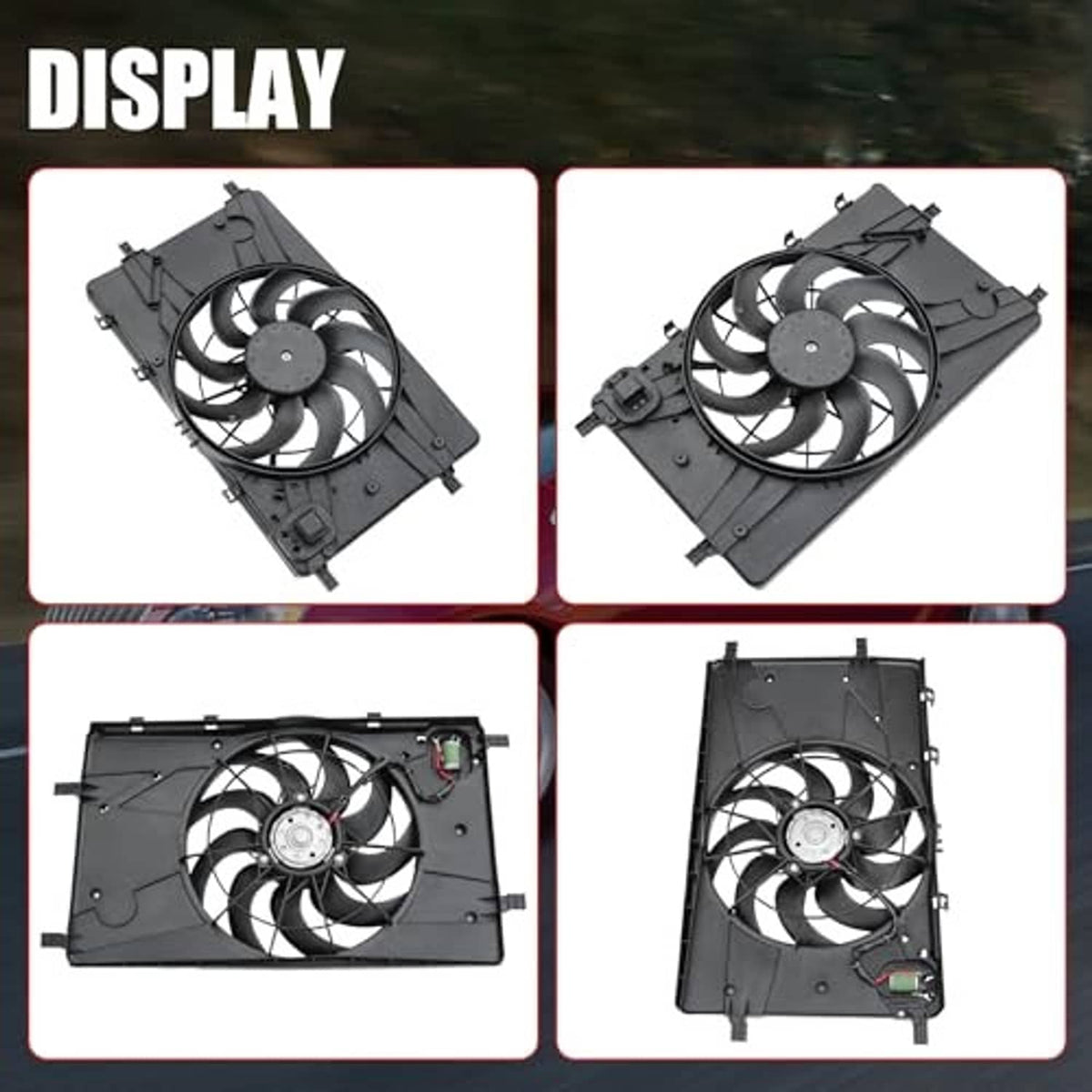Engine radiator cooling fan assembly shown from multiple angles with black shroud