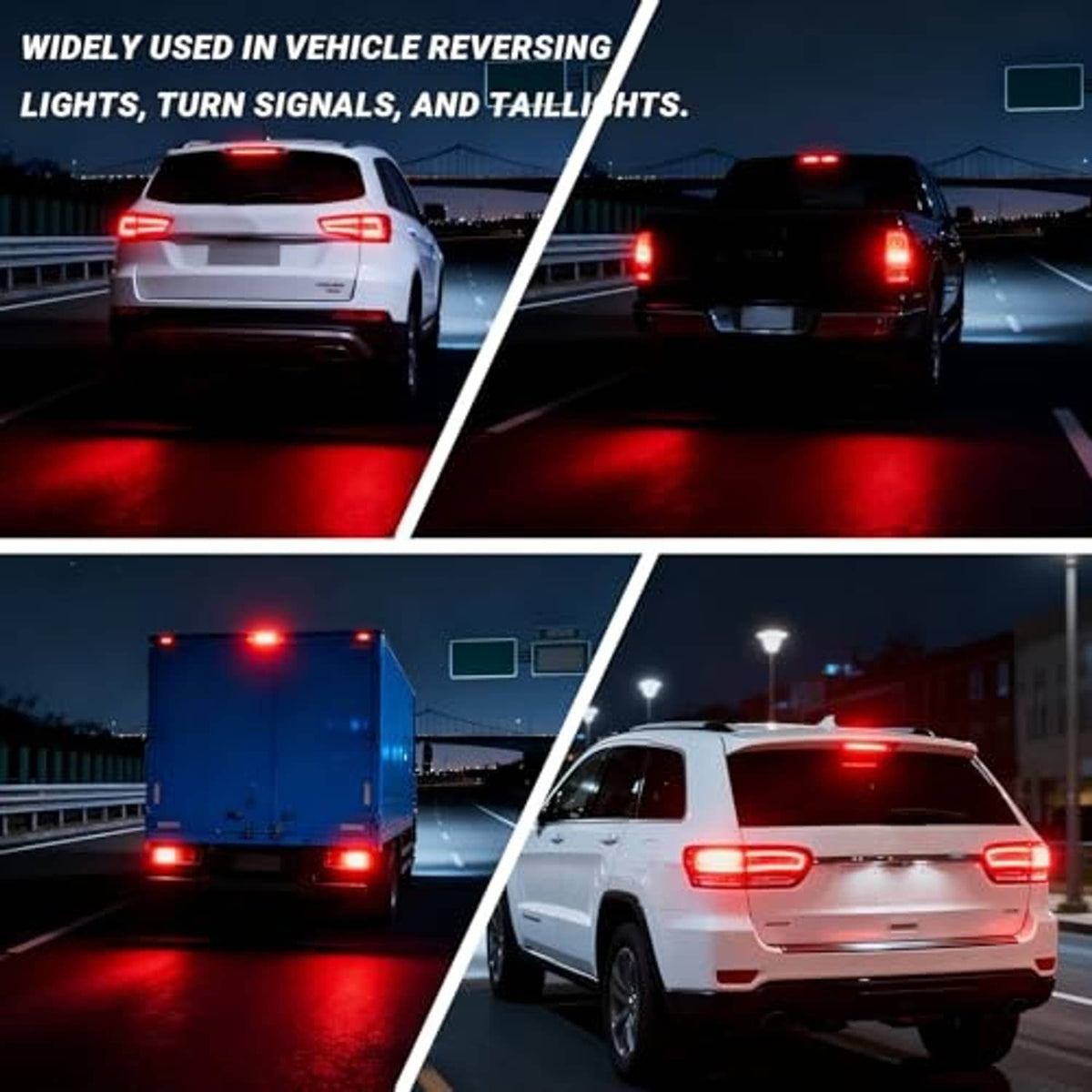 LED vehicle light bulbs lighting rear cars with red illumination, two views