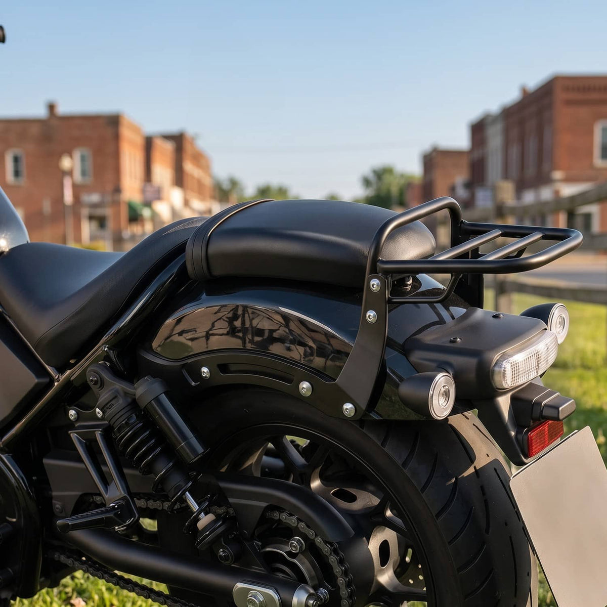 Black motorcycle passenger seat with backrest rack on rear fender