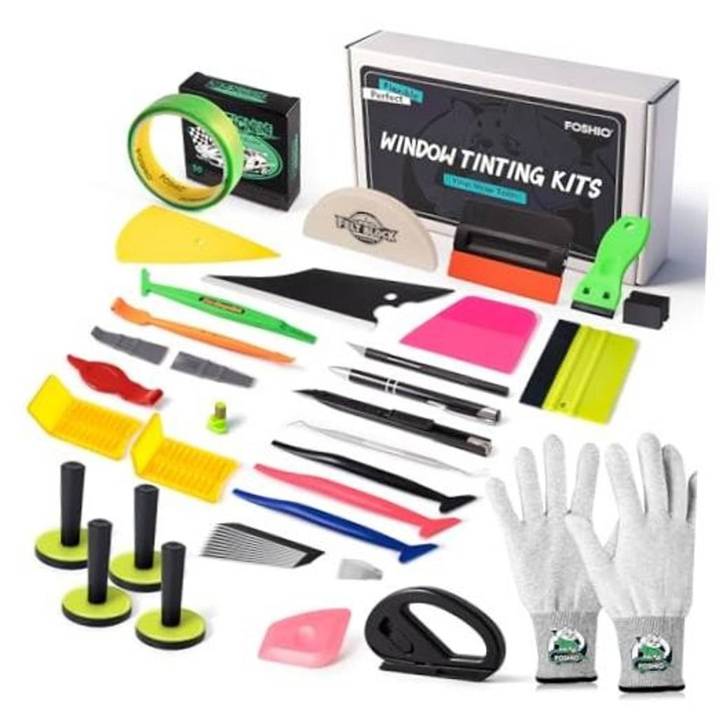 Vinyl wrap tool kit with gloves, felt squeegee, blade tools, and tape roll