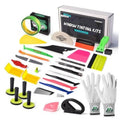 Vinyl wrap tool kit with gloves, felt squeegee, blade tools, and tape roll