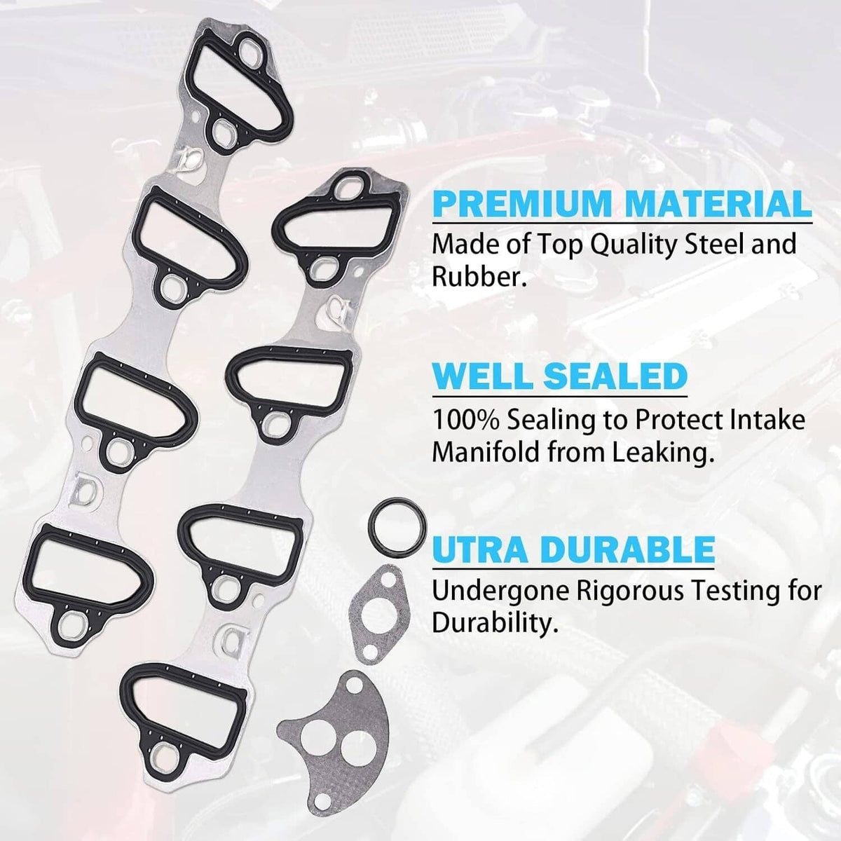 Intake manifold gasket set with multiple black-and-gray gaskets and an O-ring seal
