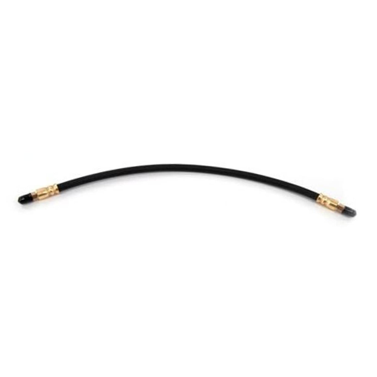 Flexible black rubber brake hose with brass fittings, curved for trailer use