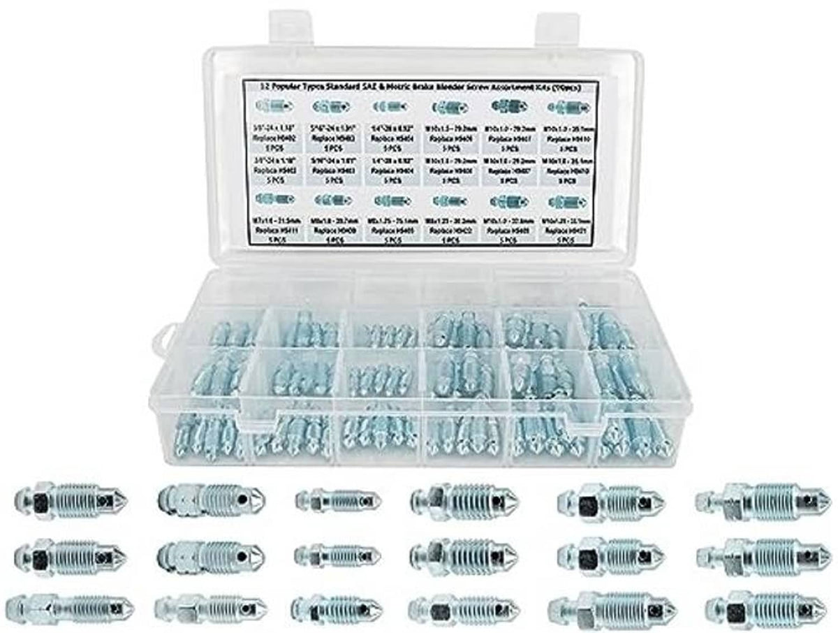 Open brake bleeder screw kit with SAE and metric bleeding screw assortment in tray