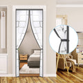 Magnetic insulated door curtain with gray border and white mesh panels, hung on doorway