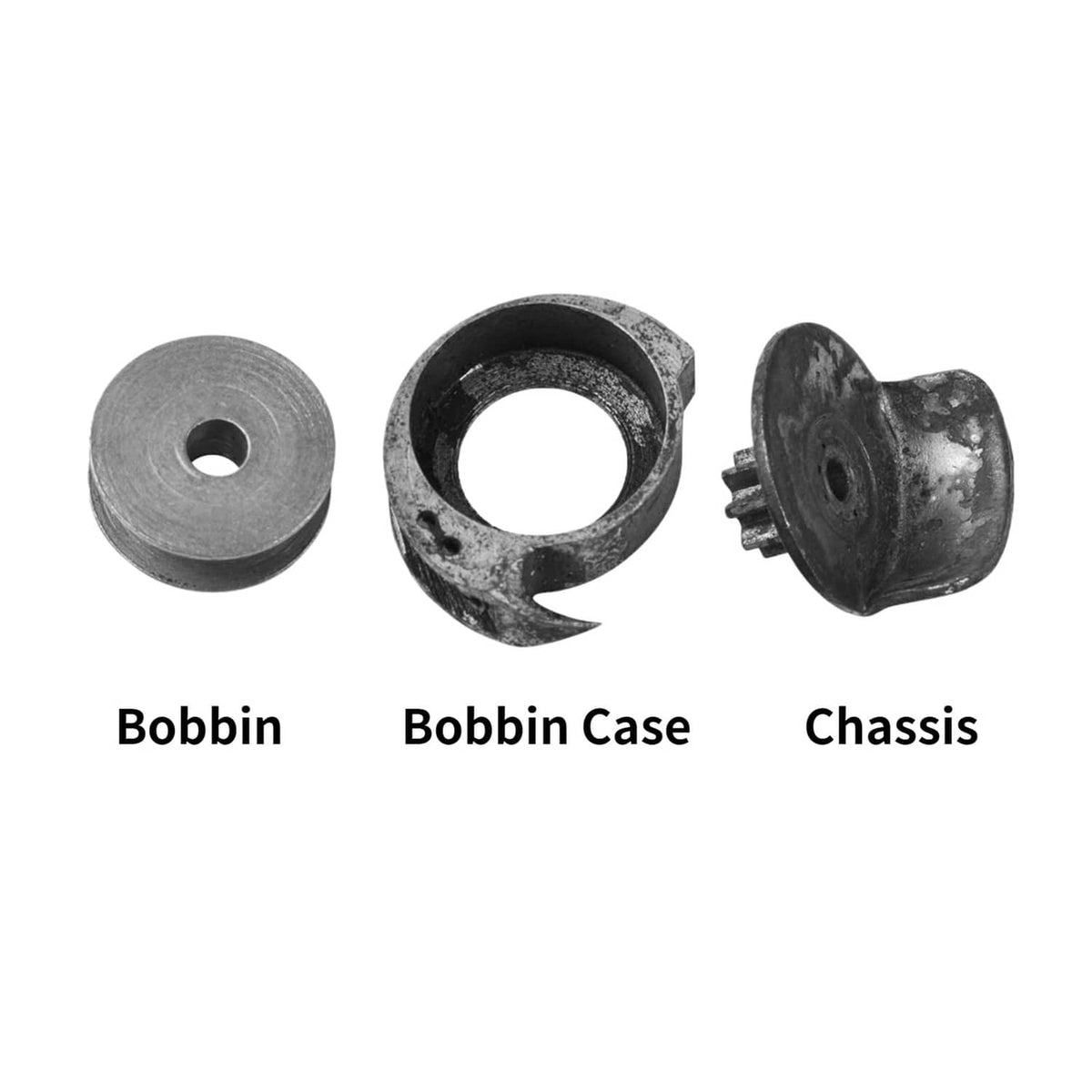 Shoe mending bobbin set with light gray bobbin, dark bobbin case, and dark chassis piece