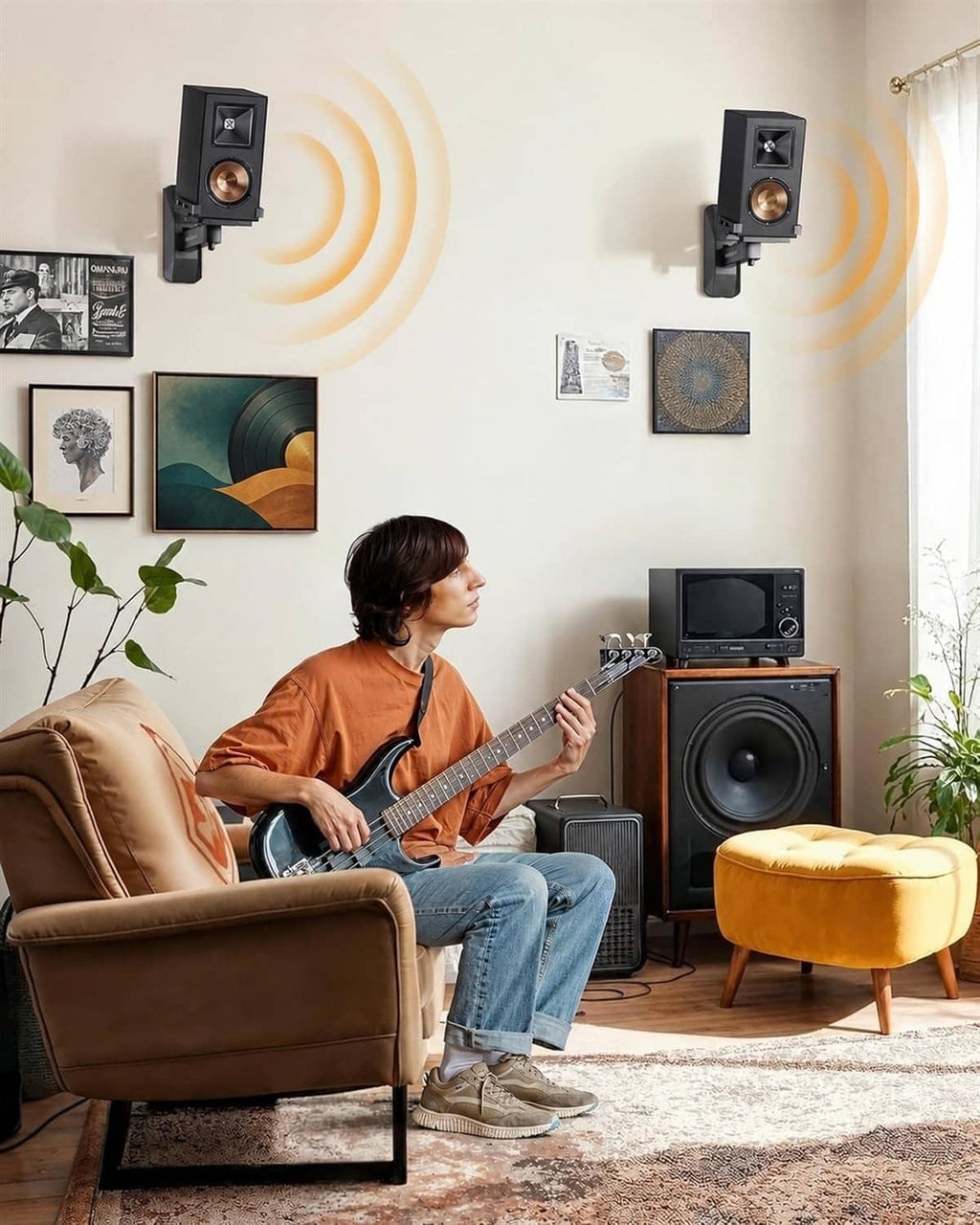 Pair of black speaker wall mount brackets holding small bookshelf speakers