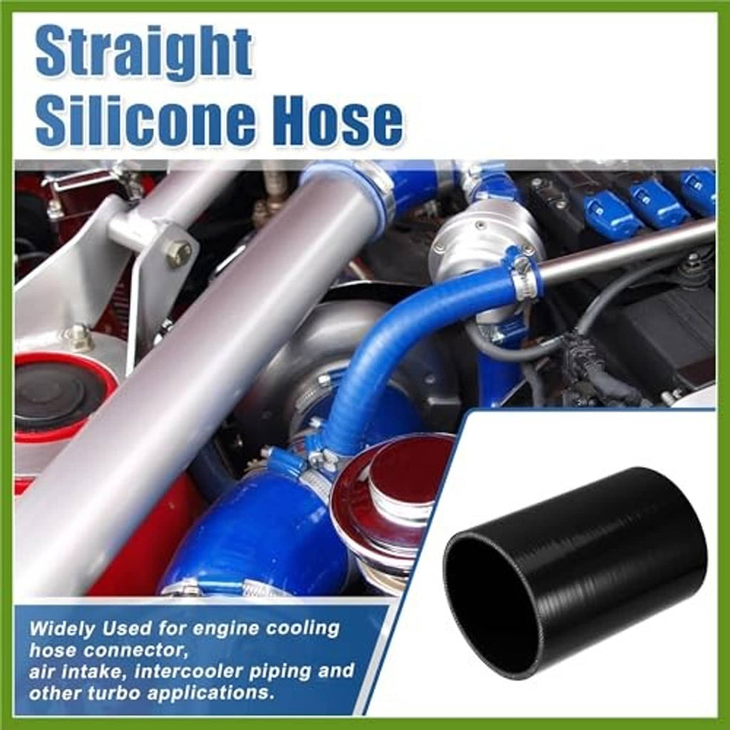 Black straight silicone hose coupler shown mounted in engine bay
