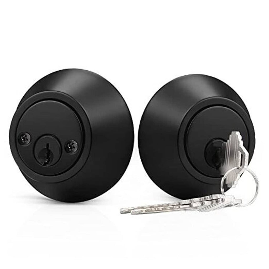 Black double-cylinder deadbolt lock with keyway faceplate and two screw points