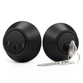 Black double-cylinder deadbolt lock with keyway faceplate and two screw points