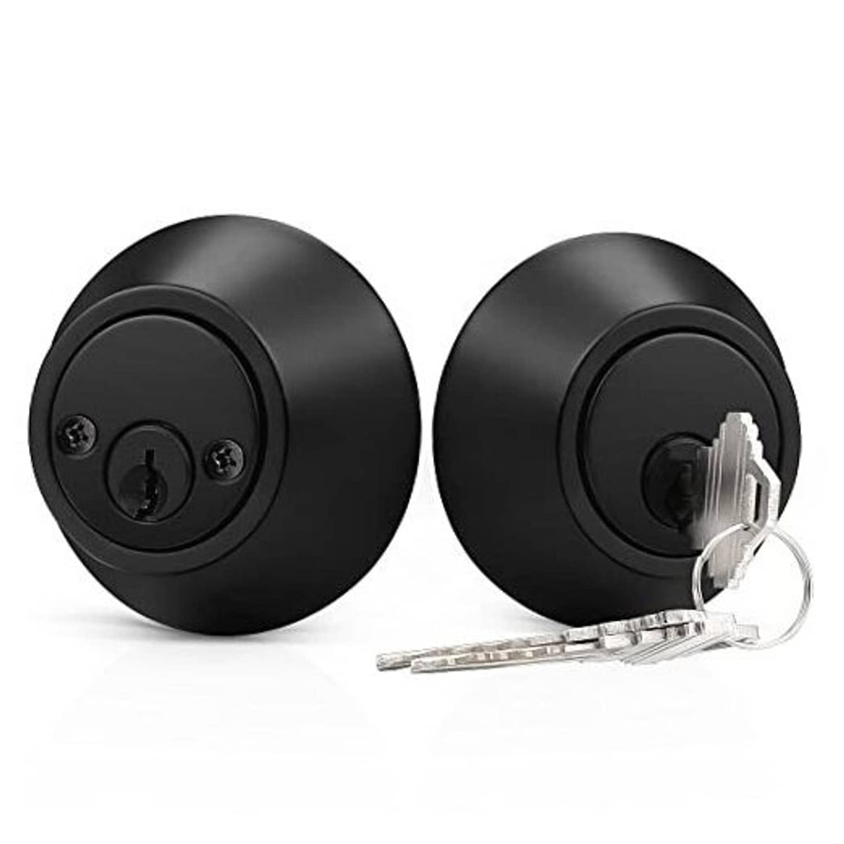 Black double-cylinder deadbolt lock with keyway faceplate and two screw points