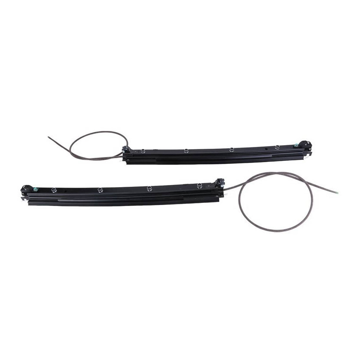 Two black sunroof sliding tracks side by side with wires and bolt holes