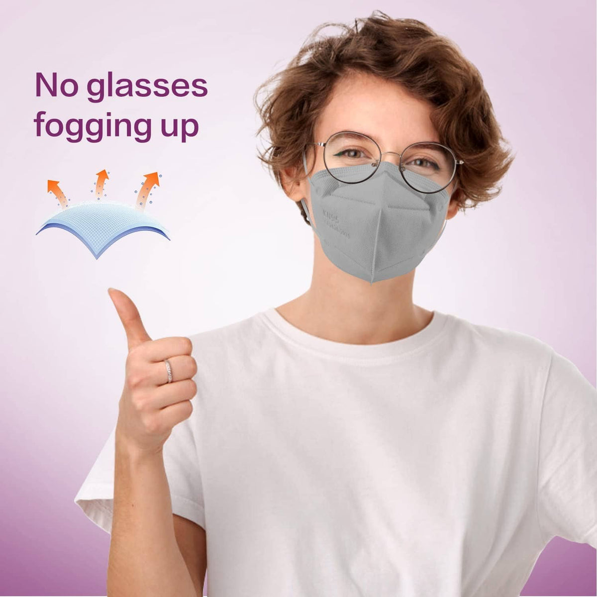Grey KN95 face mask on person, full coverage over nose and mouth