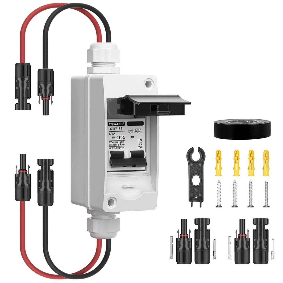 White solar disconnect switch with 40A mini circuit breaker, black top, red/black leads
