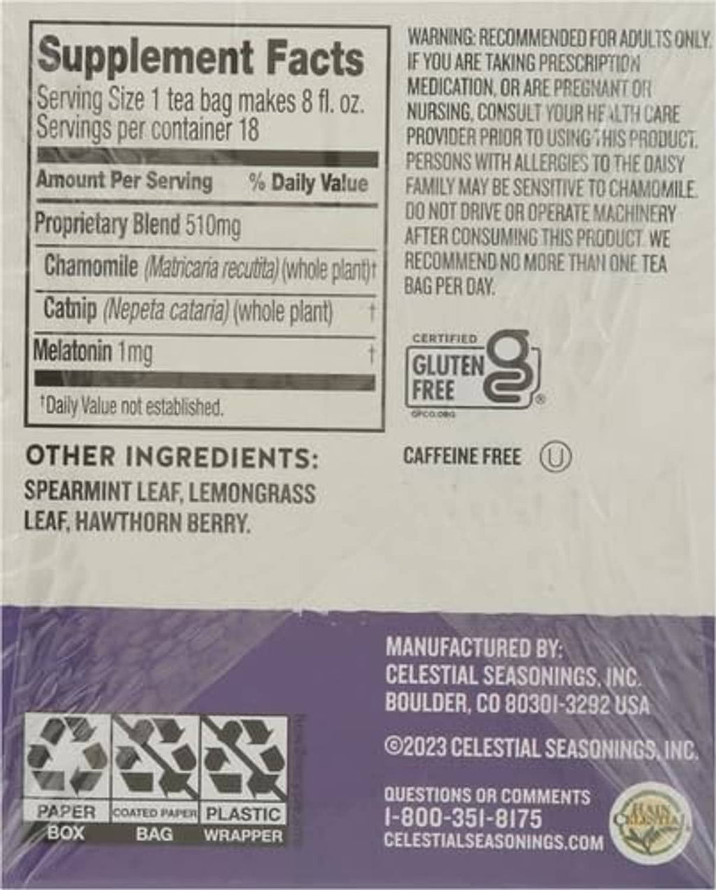 Tea supplement facts panel: caffeine-free, chamomile and 1 mg melatonin
