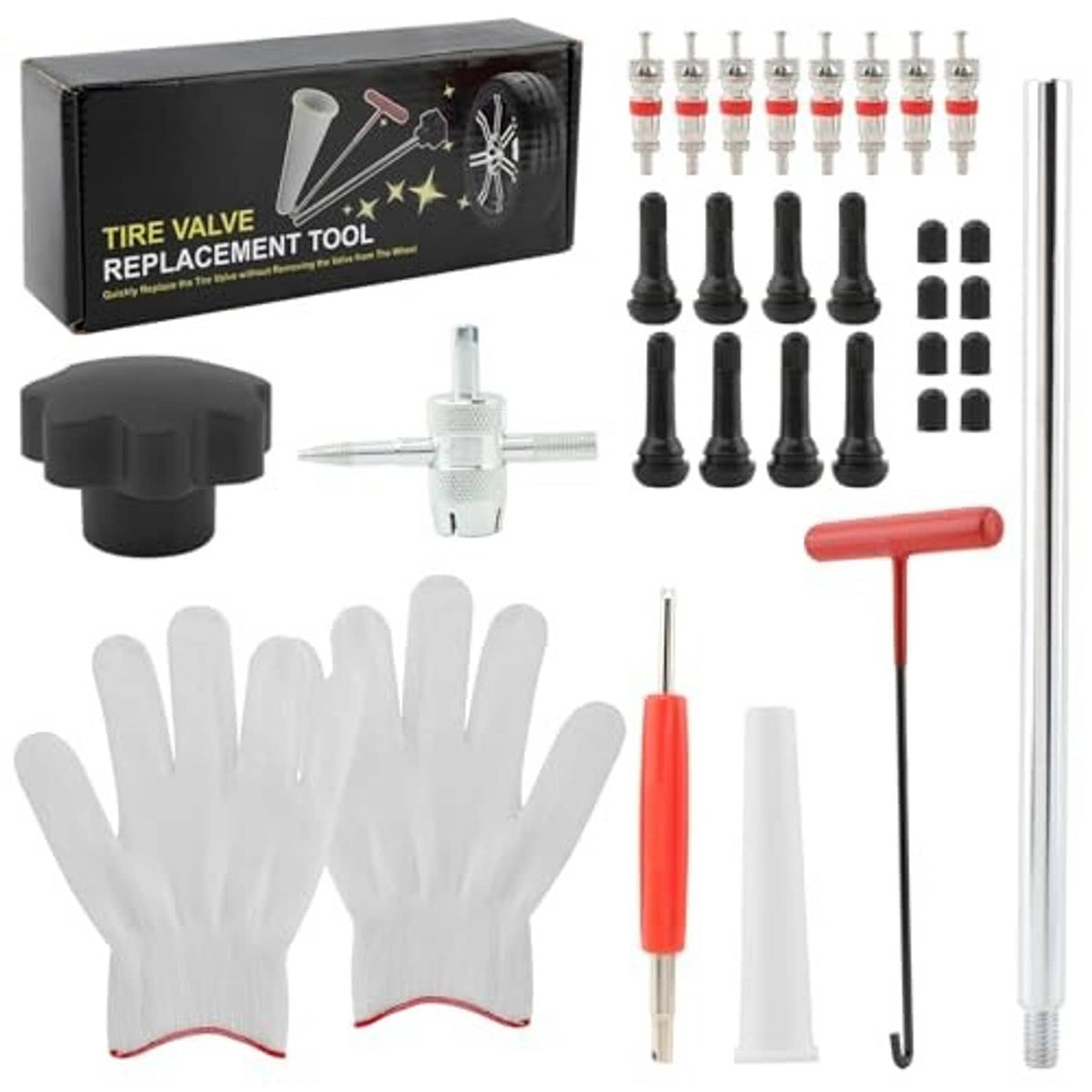 Tire valve replacement tool set with red T-handle, push rod, black caps, and white gloves