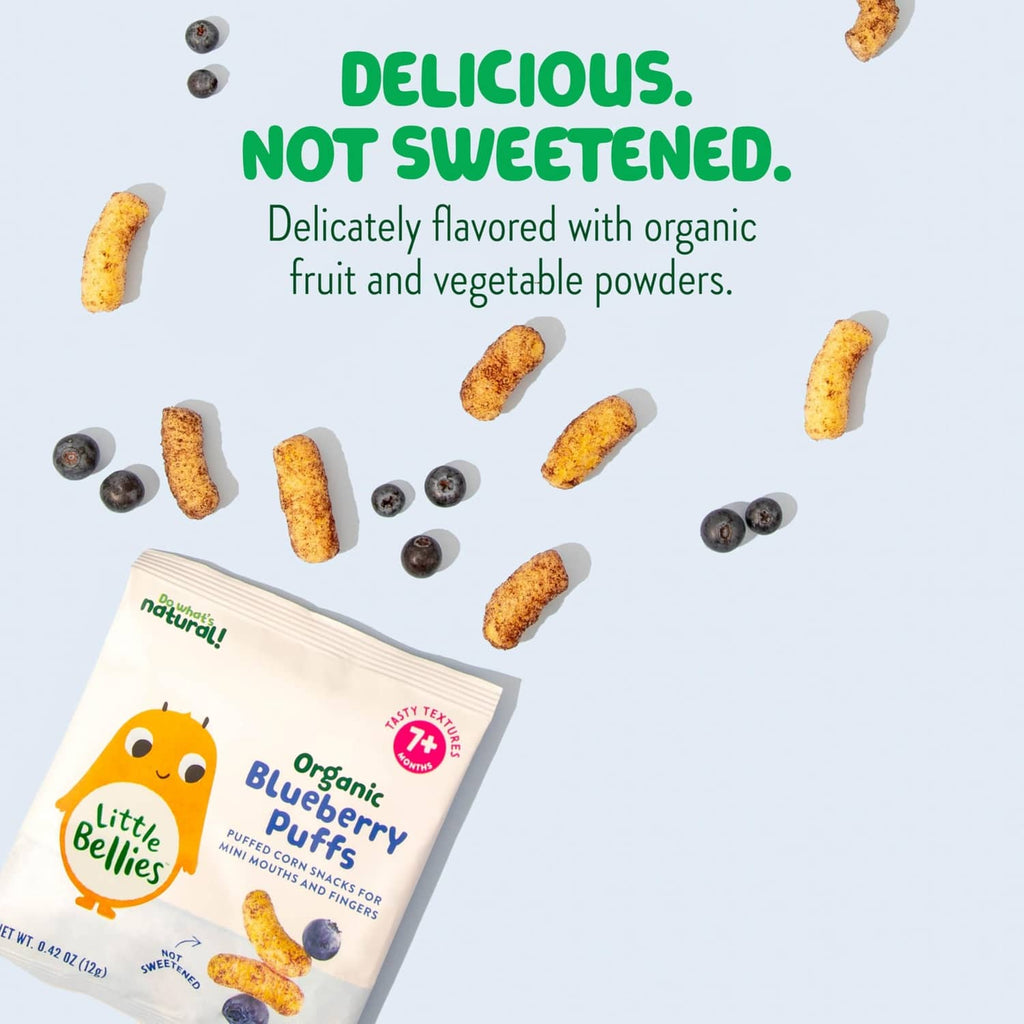 Organic blueberry puffs pouch with “delicious, not sweetened” claim and fruit pieces