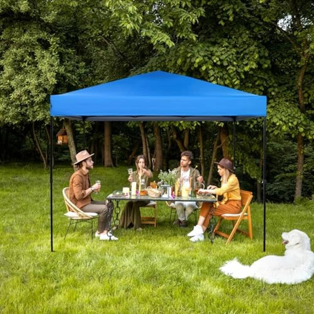 Blue pop-up canopy replacement top over a backyard seating area