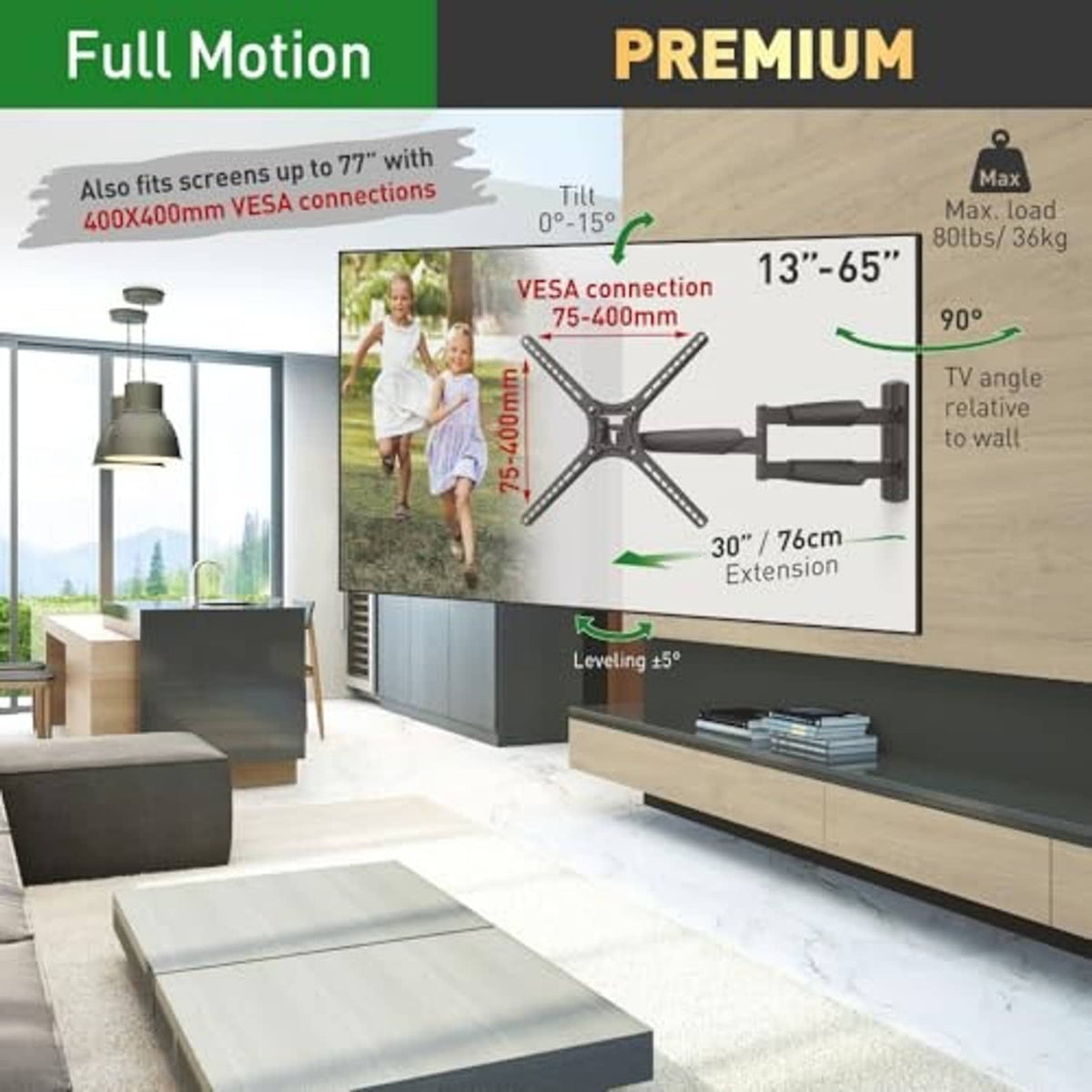 Full-motion TV wall mount diagram with VESA connection and extension for 13-65 inch TVs