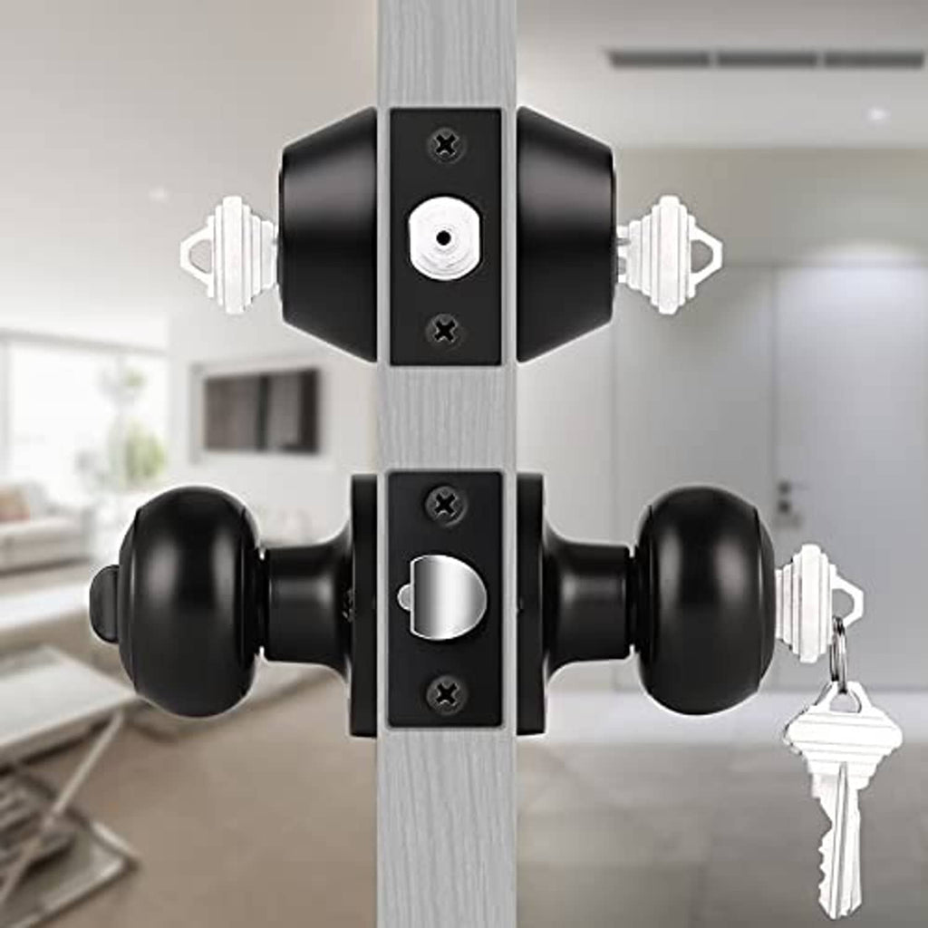 Matte black keyed door lock set on a door with keys and knob handles