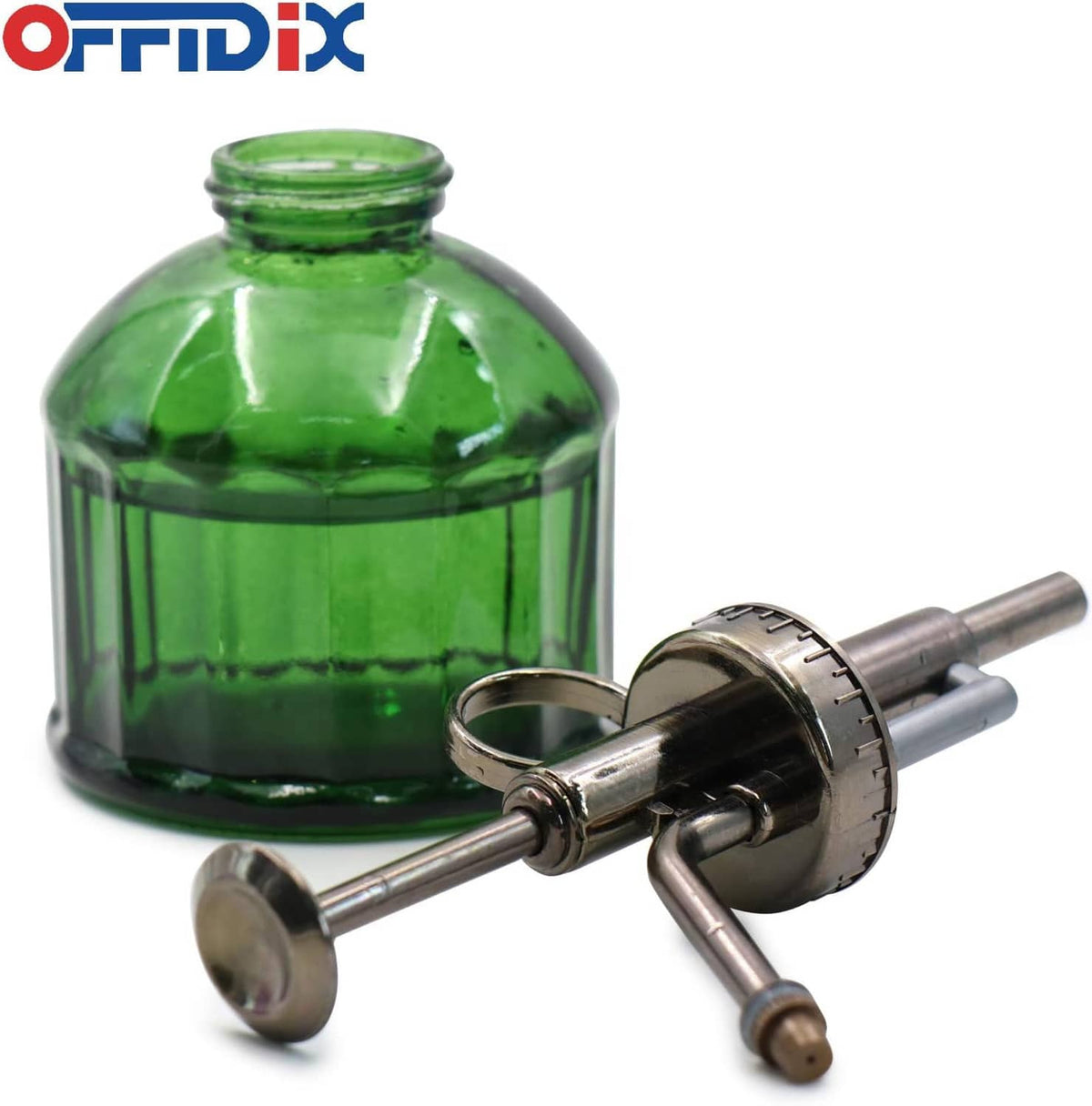 Green glass plant mister bottle with bronze sprayer head and dip tube, side view.