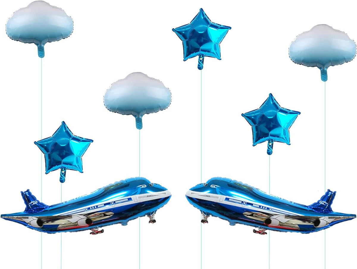 Pair of blue airplane foil balloons with cloud and blue star balloons on strings