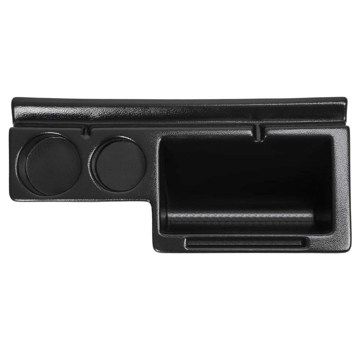 Black cab caddie front with two round beverage holders and side storage tray.