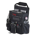 Black car seat organizer with laptop and tablet compartments, plus front tool pockets.